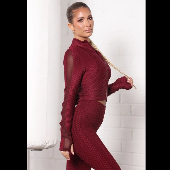 NWOT | Fashion Nova | Textured Crop Active Jacket | Small | Burgundy - Picture 1 of 12